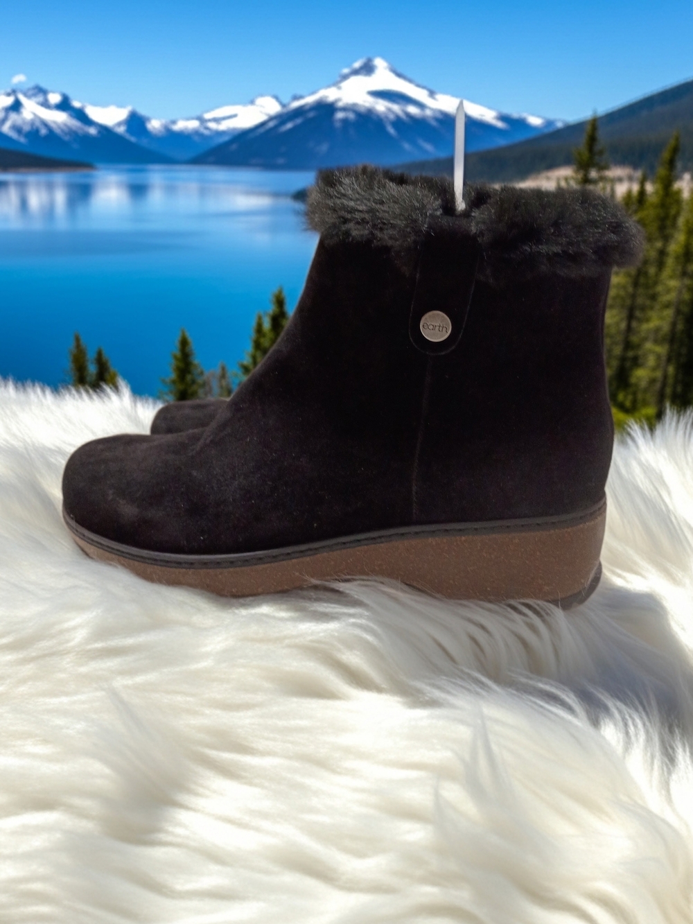New Earth Kim Black Suede Faux-Fur Ankle Winter Cold Weather Booties 7.5